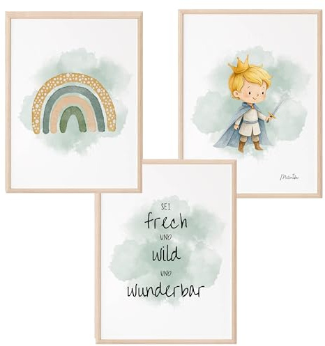 Mutzauber Poster 3er Set Kinderzimmer A4 | Bilder Kinderzimmer | Deko Babyzimmer Junge Prinz Märchen | Bilder Regenbogen wild frech wunderbar Bilder ohne Rahmen (grün, Kleiner Prinz)