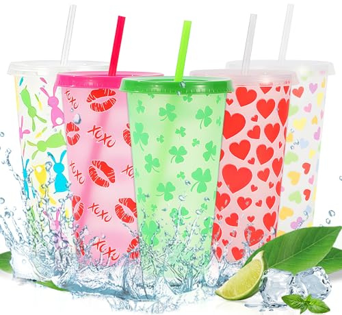 panemy Bicchieri con Cannuccia Che Cambiano Colore, 720 Ml, Set da 5 Pezzi, con Coperchio e Cannuccia, Bicchieri Riutilizzabili e Lavabili per Milkshake, Bicchieri per Bevande da Festa