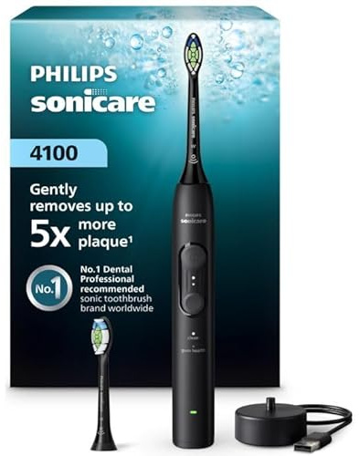 Philips Sonicare Series 4100 Elektrische Zahnbürste – Schallzahnbürste mit Drucksensor, 4 Putzeinstellungen, EasyStart, SmarTimer, 21 Tage Laufzeit, Schwarz, HX4044/52, [Neu]