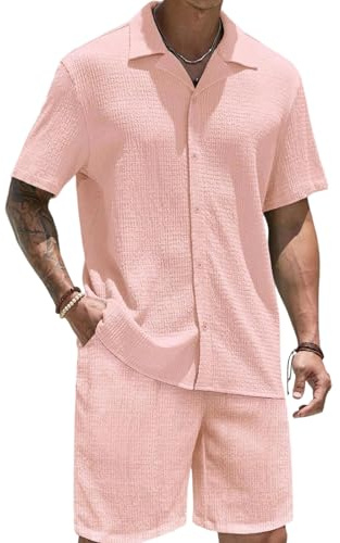 APAELEA Survêtement Été Homme 2 Pièces Casual Chemise Manches Courtes Boutonnée et Short avec Poches Ensemble Hawaïenne Tenue de Plage Tracksuit pour Travail Vacances Rose 3XL