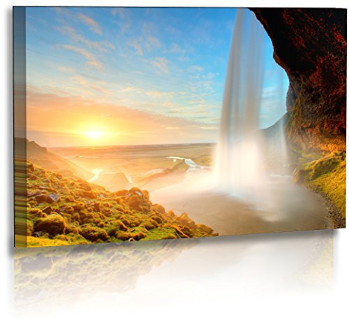 Fotoatelier Dirk Haas Premium Leinwandbild XXL - Natur - Landschaft - Island - Bild - Wasserfall - Gischt - Sonnenuntergang - Wellness - Leinwand : 70 cm x 40 cm