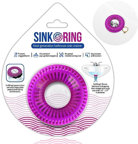 SinkRing Bathroom Sink Drain Protector & Strainer for Sink Stoppers, Purple | Easy snap-in design. Precision clog-free trap prevents loss of earrings, jewelry or contacts. Fits 1.37 - 1.57 stoppers.