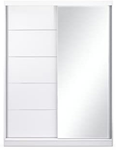 MOEBLO Kleiderschrank Schwebetürenschrank mit Spiegel 2-türig Schrank mit Einlegeböden und Kleiderstange Gaderobe Schiebtüren BxHxT 150x200x61 Lara 05 (Weiß)