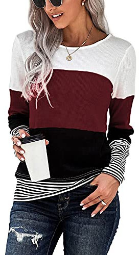 FANGJIN Damen Pullover Herbst Tshirt Lang Langarmshirt Winter Shirt Langarm Oberteil Longshirt Elegant T-Shirt Bluse Damenpullover Lässige Moderne Longsleeve Strickjacken für Damen Weinrot L