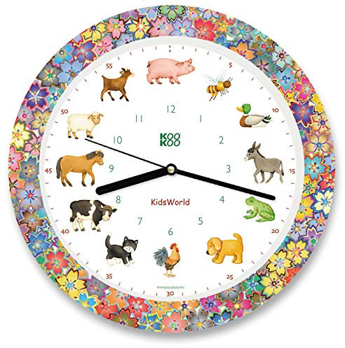 KOOKOO KidsWorld Garden Love, Bauernhofuhr mit 12 echten Tierstimmen vom Land, Quarzwerk, 34cm