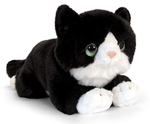 tachi Stofftier Katze schwarz, Große Kuscheltier Mieze liegend, Flauschiges Plüschtier 32 cm