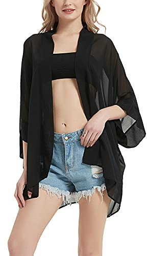 Kimono da donna con stampa floreale, in chiffon trasparente, ampio, blusa, Nero , Etichettalia unica