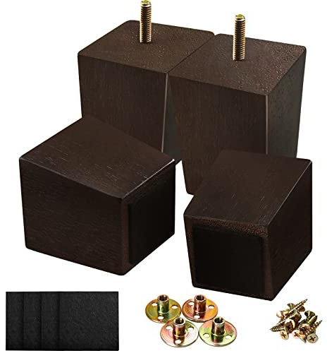 KOIKEY Sofa Bed Wooden Furniture Legs 7.62cm Modern Solid Wood Square Replacement Feet for Ottoman Cabinets Couch Armchair Coffee Table Chair Cupboard, Walnut Colour, Set of 4