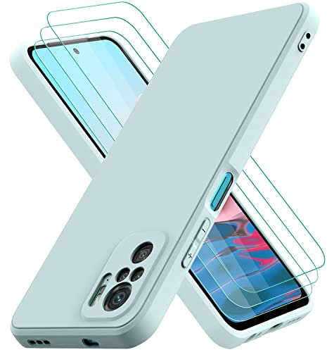 Oureidoo Funda para Xiaomi Redmi Note 10S/ Note 10 4G con 3 Unidades Cristal Templado, Carcasa de Sedoso-Tacto Suave Silicona Líquida, Cubierta a Prueba de Golpes con Forro de Microfibra, Verde Claro