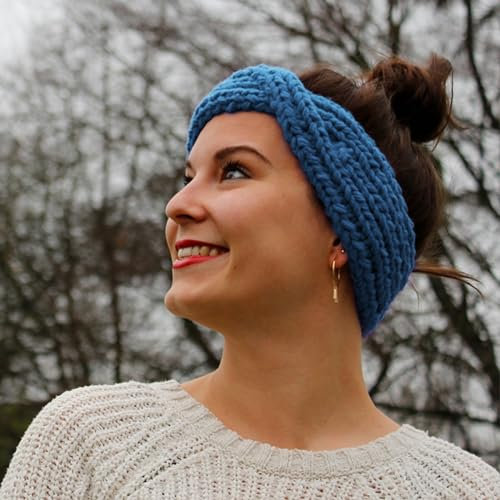 myboshi Strickring-Set Stirnband Arona für Anfänger, inkl. No.1-Wolle, Anleitung, Wolle und Label, Loom-Set 30% Merinowolle Blau, mit Strickring