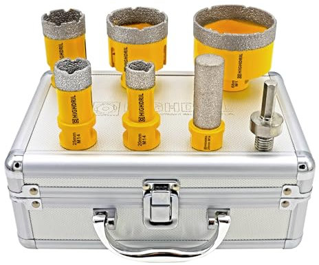 HIGHDRIL Fliesenbohrer Diamantbohrer Set 7 tlg - 20/25/35/50/68mm Lochsägen+20mm Fräsbohrer+Adapter für Porzellan Keramik Fliesen Granit Marmor