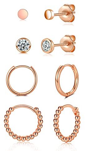 WOVEE Ohrringe Set Ohrstecker Runde Zirkonia Ball & Creolen Silber 925 Gold Zirkonia Damen Herren Mädchen 3mm 4mm 10mm 12mm (Rosegold Set-1)