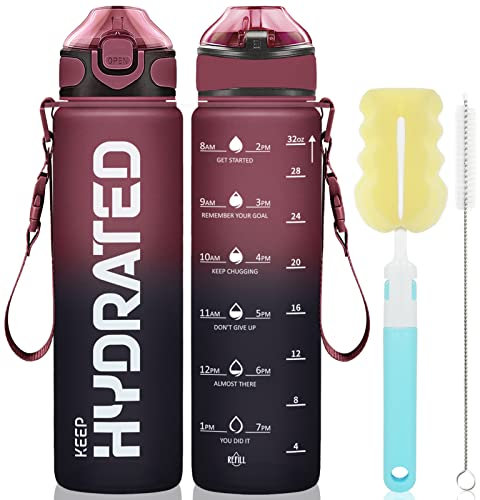 GOSWAG Trinkflasche, 1 Liter Sports Water Bottle mit Strohhalm und Zeitmarkierung, BPA-frei, auslaufsicher, 1000ml Wasserflasche mit 2 Reinigungswerkzeugen, Geeignet für Outdoor, Wandern, Schule
