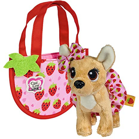 Simba Chichi Love Little Berry, Chihuahua Plüschhund mit Erdbeermuster Schleife und Röckchen, in entzückender Tasche, 15cm, ab 3 Jahren