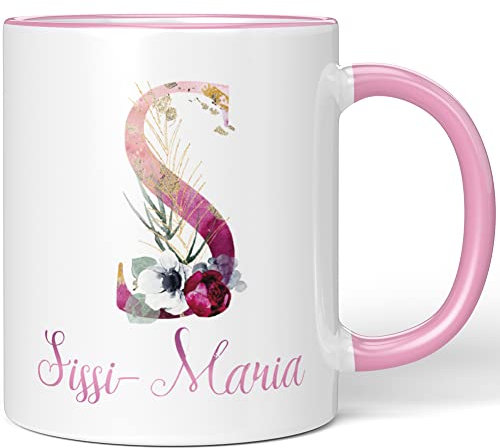 JUNIWORDS Tasse, Sissi-Maria, Name Anfangsbuchstabe Initial Alphabet Floral Buchstabe S Monogramm Motiv, Rosa (5542387)