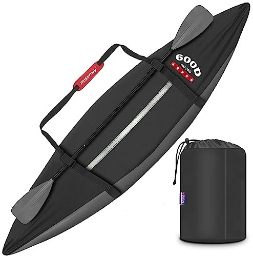 Rosefray 600D Waterproof Kayak Cover ,Comfortable Shoulder Strap, Heavy Duty Marine Canoe Cover with Paddle Holder, UV Resistant, Dustproof Fishing Boat Cover for Outdoor Storage-Gray，S (9.3-10.5ft)
