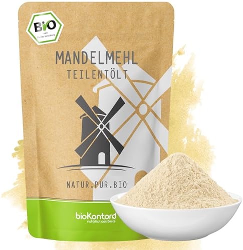 bioKontor – BIO Mandelmehl 1kg – teilentölt – 31% Eiweiß | hoher Proteingehalt – deutsche Handabfüllung – entöltes Mehl aus Mandeln zum Backen für low carb – Weizenmehl Alternative