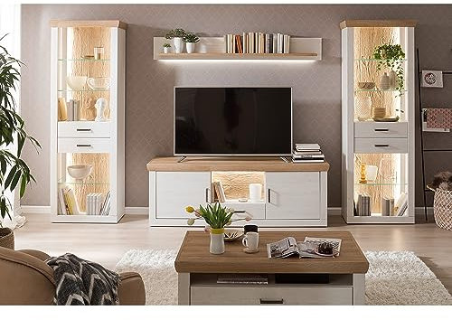 Lomadox Wohnzimmer Schrankwand inkl. LED Beleuchtung mit 2 Vitrinen ohne Tür, Wandregal, TV Board und rollbaren Couchtisch in Pinie weiß mit Eiche Nb. im Landhausstil, Wohnwand, Set