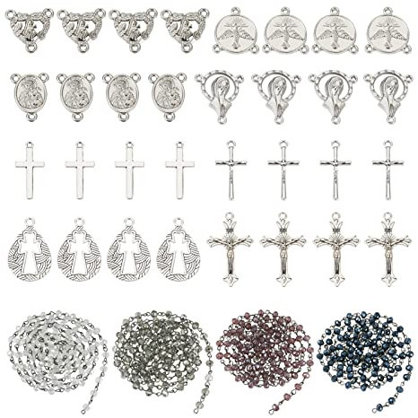 Spritewelry Set zur Herstellung von 36 Halsketten Rosenkranz aus Legierung, Glasperlen, Jungfrau Maria, Kronleuchter, Verbindungen, Charms, Kruzifix, Kreuz, Anhänger für DIY Rosenkranz, Halskette