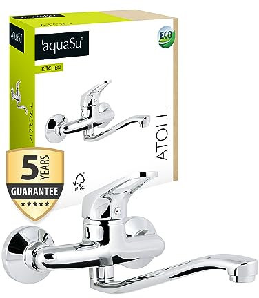 'aquaSu® Küchenarmatur Atoll, Einhebelmischer Wasserspar-Mischdüse, Auslauf schwenkbar, Wasserhahn Küche, Spültischarmatur Wand-Montage, Messingkern, chrom, 796125