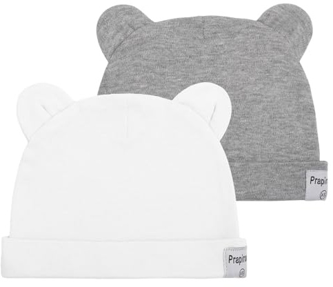 Prapiroon Mütze für Neugeborene, Jungen und Mädchen, 100% Baumwolle, für Kleinkinder, Frühchen, Krankenhaus, Wintermütze für 0–6 Monate (DE/NL/SE/PL, Alter, 0 Monate, 3 Monate, Weiß/Grau)