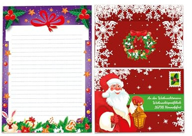 Briefpapier-Set A5 Geschenk lila Schreibblock liniert mit Umschlag Motiv Weihnachten Wichtelgeschenk für Kinder (1 Block A5 mit 25 Blättern + 15 bunt bedruckte Kuverts An den Weihnachtsmann)