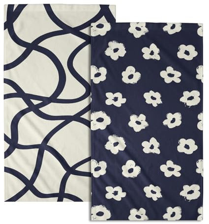 Granbey Küchentücher im modernen Stil, marineblau, geometrische Streifen, Geschirrtücher, Set mit 2 Geschirrtüchern, marineblau, Blumenmuster, schnell trocknend, Mikrofaser-Handtücher für Zuhause,