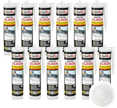 Isolbau Sanitär Silikon 12 x 300 ml Transparent - Hochelastischer Silikon-Dichtstoff für Abdichtungen & Fugen - wasserdicht - Kartusche