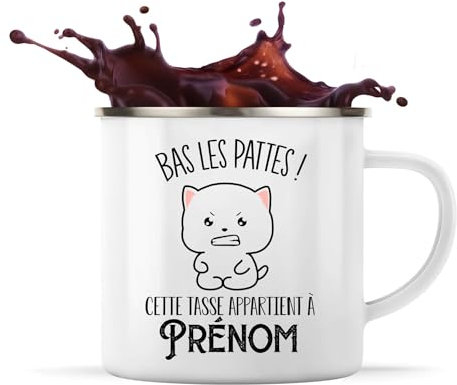 Tasse Prénom personnalisable bas les pattes | Mug idée cadeau personnalisée collègue de travail famille amis (Tasse Métal Emaillée, Chat)