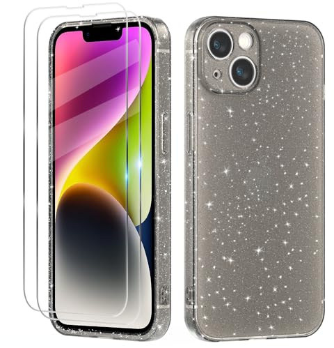 Tikgue Hülle für iPhone 14 mit 2 Stück Schutzfolie,Handyhülle Glitzer Transparent Silikon Stoßfeste Schutzhülle Slim Weich TPU Case Kompatibel mit iPhone 14 - Schwarz