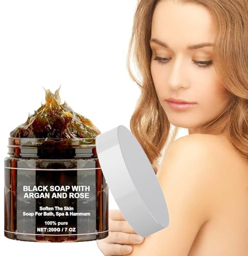 Marokko Schwarze Seife mit Argan und Rose, 100% Organische Marokkanische Schwarze Seife, Schwarze Seife Körper Peeling Seife, Marokko Körperpeeling, Peeling Duschgel für Weiche Haut - 200g (1PC)