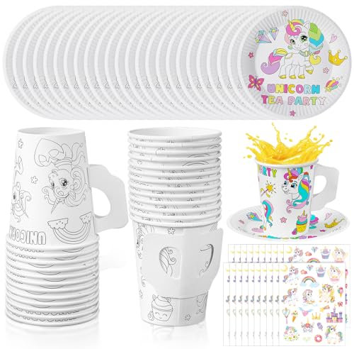 Lenwen 24 Set Paper Tea Cups for Tea Party Disposable Unicorn Cups with Handle DIY Coloring Cups Floral Paper Tea Cups and Plates Sticker Tea Party Favors for Kids Unicorn Party Favors(Unicorn)