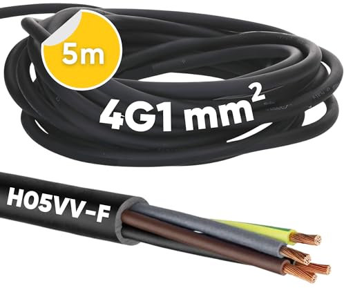 Kalitec H05VV-F Tubo Flessibile 4 x 1 mm² | Cavo di Alimentazione 4G1 mm2 Con Conduttore di Protezione, in PVC per Interni, Elettrico Nero, per Lampada Flessibile e Dispositivi
