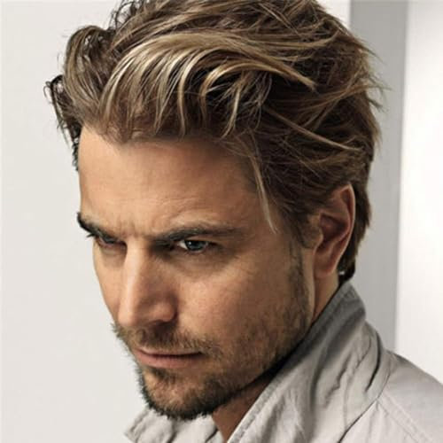 Salaibs Herren Hellbraun Kurze Perücke mit Blonde Gerade Layered Natürliche Männliche Haar Perücke Synthetische Faser Kostüm Cosplay Kerl Perücken