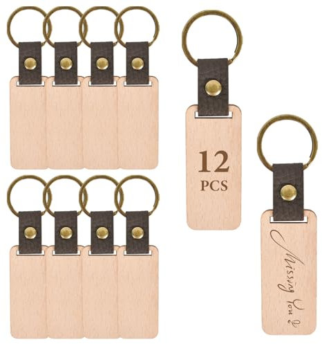 Porte-Clés en Bois avec Bande de Cuir - 12 Pièces Étiquettes Vierges pour Gravure - Bricolage Artisanat Cadeau (Rectangulaires)