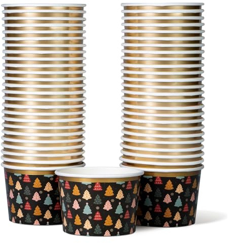 Paper Ice Cream Cups, 50-Pack 250ml Disposable Dessert Bowls for Hot or Cold Food, 250ml Christmas Party Supplies Treat Cups, Christmas Trees, Gold Foil