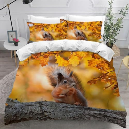 Sezhiqeu Niedliches Eichhörnchen Bettwäsche 135x200, 3D Muster Weich Kuschelig Mikrofaser Bettwäsche Set Dschungel-Tiere Bettbezug + 2 Kissenbezug 80x80 cm mit Reißverschluss D-3475