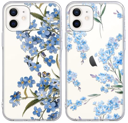 Yoedge 2 Stück Handyhülle für iPhone 12 / iPhone 12 Pro Hülle, Blaue Blumen Muster Mädchen Aesthetic Handyhülle Dünn Weich Durchsichtig Schlanke Silikon Slim Stoßfest Schutzhülle für iPhone 12 6,1