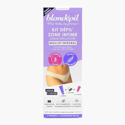 Blondépil - Creme epilatoire femme partie intime. Creme depilatoire femme zones intimes. Peaux sensibles. 81% d’ingrédients d’origine naturelle. Made in Europe. 100ml et 30ml
