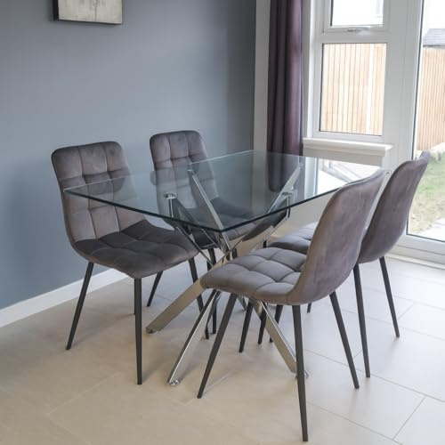 KOSY KOALA Dining Table and 4 Chairs Rectangle Glass Table 4 Grey Velvet Chairs Dining Set