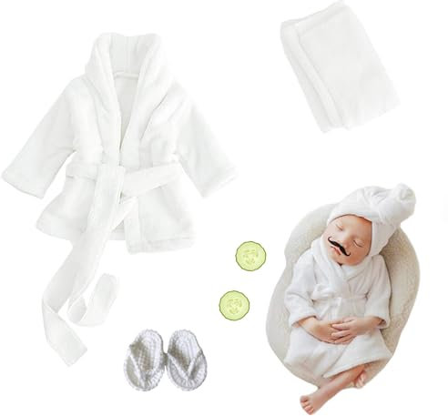 Xanewza Nouveau-Né Photographie Prop, Lot de 6 Blanc Peignoirs, Serviettes de Bain, Pantoufles et Concombre Photo Prop pour Bébés, Garçons et Filles (0-6 Mois)