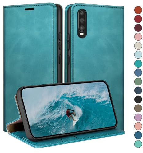 HUOUH für Huawei P30 Hülle mit RFID Schutzhülle aus Lederhülle Handyhülle,Kartenfach Leder ständer Handy hülle,360 Grad Schutz Cover für Huawei P30 Klapphülle Wallet Case Grünlich hellgrün