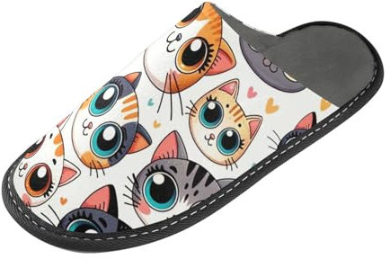 OWFKAY Pantuflas sin cordones con dibujos animados de cara de gato feliz, cálidas y acogedoras, ligeras de espuma viscoelástica, zapatos de casa para interiores, multicolor, 44 EU