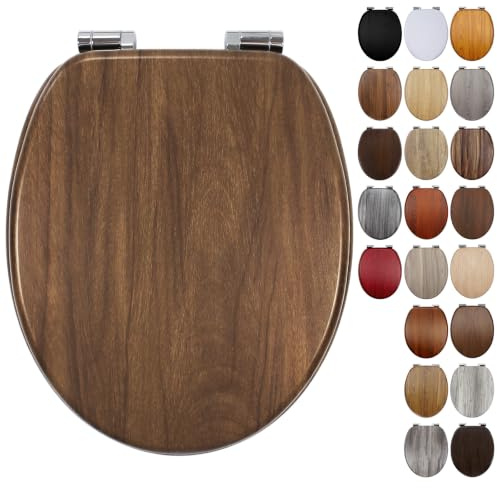 Lunette de toilette en bois avec charnières réglables en alliage de zinc, siège de toilette ovale en bois MDF avec fixations inférieures, facile à nettoyer et à installer, 45,7 cm (JH3704-01)
