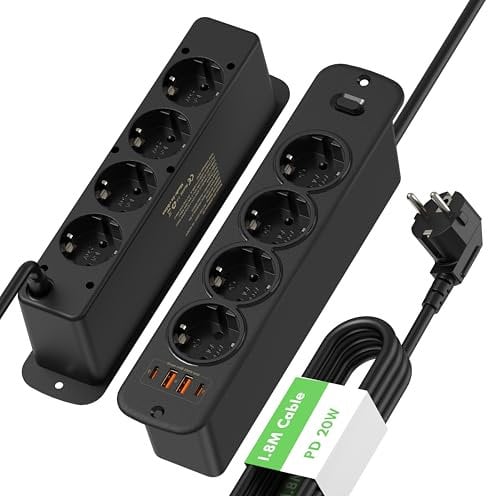 Prise Encastrable de Table 8 Prises avec USB C PD20W, Multiprise 8 Prises avec Câble 2m, Double Face Prise de Table, Multiprise Encastrable avec Interrupteur pour Meuble ou Plan de Travail, Noir