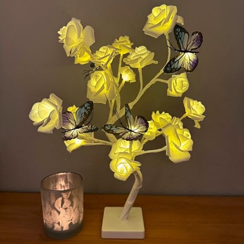Lichterbaum mit 20 LED beleuchteten künstlichen Rosenblüten und mit Schmetterlingen verziert - inkl. 6-Stunden Timer - Deko Kunstblumen, Stimmungslicht (Weiß)