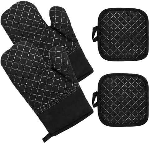 2PCS Silicone Oven Gloves,Black Oven Gloves Heat Resistant Anti Slip Oven Mitts with 2 Silicone Cushions,Oven Mitts for Cooking and Baking in the Kitchen