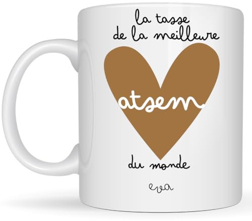 henrietteandco - Mug ATSEM Personnalisé Cadeau Remerciement Original | Tasse Prénom Fin d’Année École Maternelle 330ml Céramique Blanc | Idée Cadeau ATSEM Femme (Coeur)