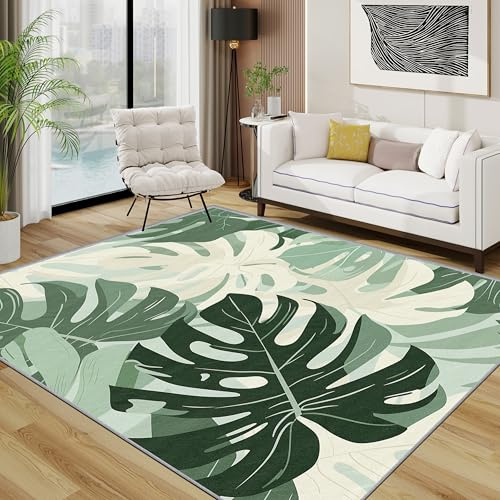 TerroVee Blätter Teppich, Modern Abstrakt Einfach Kleiner Teppich, Tropisch Monstera Monstera Blatt Waschbar Kurzflor Weich Teppiche Eingangsbereich Innen Küche, 60x90 cm, Hellbeige Grün