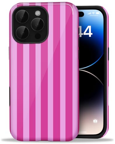 Amzfield Case for iPhone 16 Pro, Striped Dual Layer Shockproof, Hot Pink | Striped Lined Dual Layer Shockproof Retro Cute Girly for Girl Women Drop Protection Precise Cutouts Impact Resistant Artistic